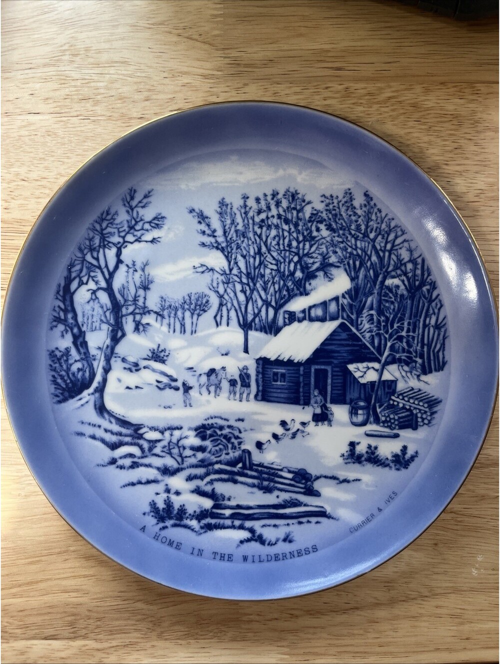 Currier and Ives A Home In The Wilderness 8.5” Blue And White Collectible Plate